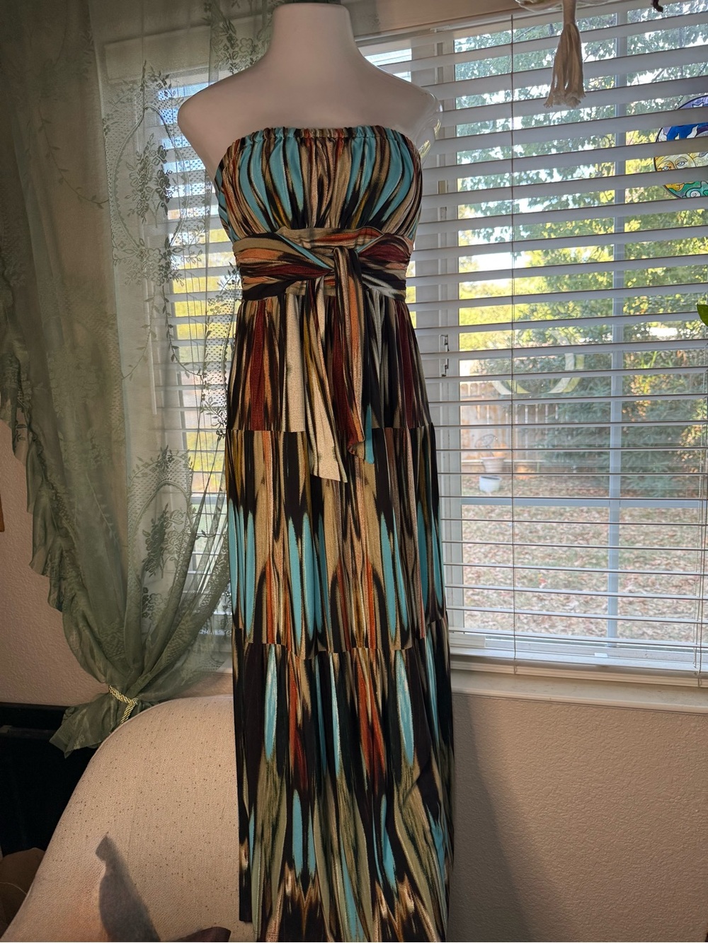 Donna Morgan Strapless Ikat Maxi Dress in Blue, Brown and Cream